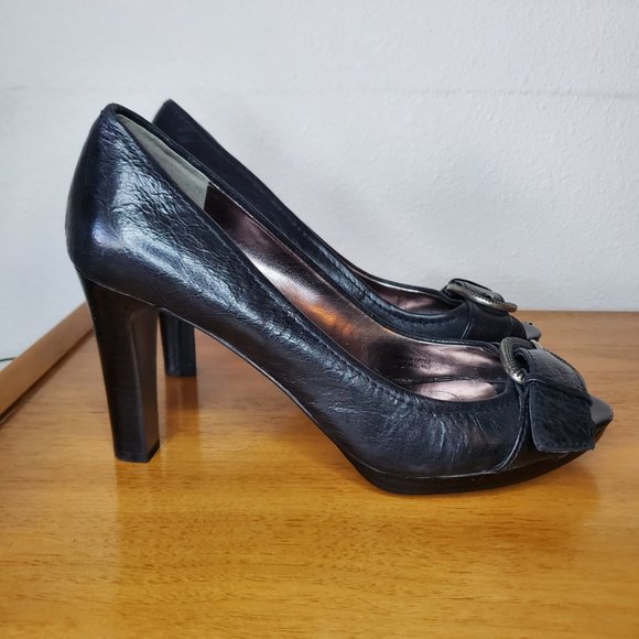 Tahari | Brigitte Black Buckle Peep Toe High Heels | Size 10 - Picture 1 of 12